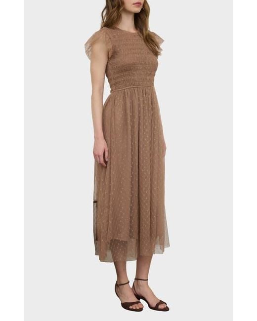 Blu Pepper Brown Smocked Flutter Sleeve Midi Dress