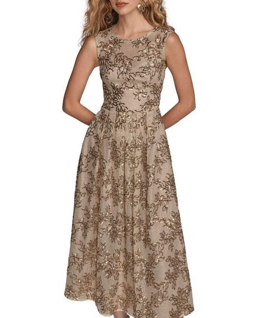 Donna Karan Natural Floral Sequin Sleeveless Gown