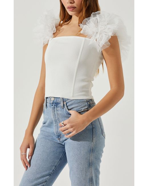Astr Blue Calla Off The Shoulder Tulle Sleeve Sweater