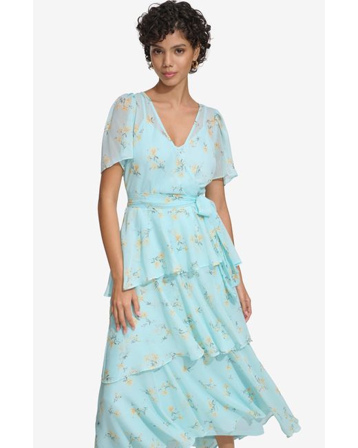 Calvin Klein Blue Floral Short Sleeve Tiered Chiffon Dress