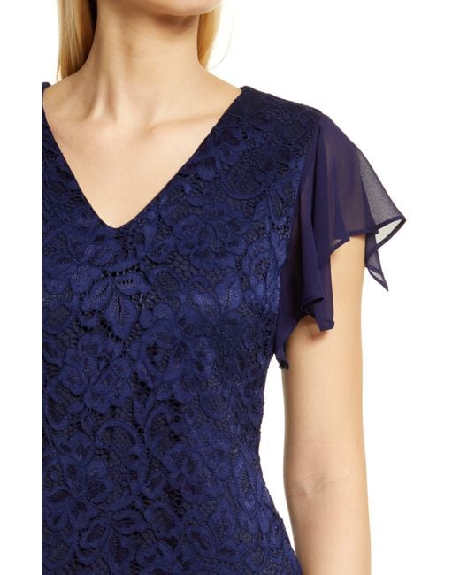 Sam Edelman Blue Flutter Sleeve Lace & Chiffon Dress