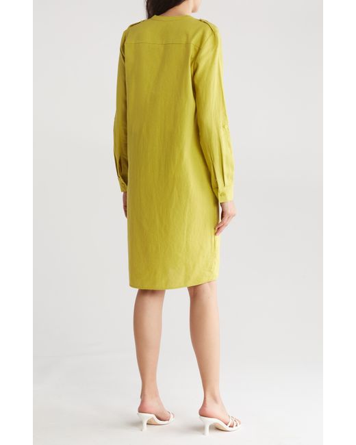 Calvin Klein Yellow Front Button Long Sleeve Linen Blend Dress