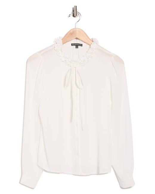 Adrianna Papell White Flower Tie Neck Button-Up Shirt