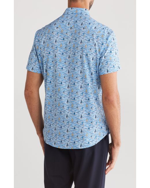 Con.struct Blue Boat Print Stretch Short Sleeve Button-down Shirt for men