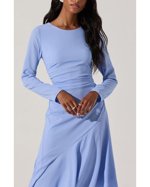 Astr Blue Long Sleeve Asymmetric Hem Midi Dress