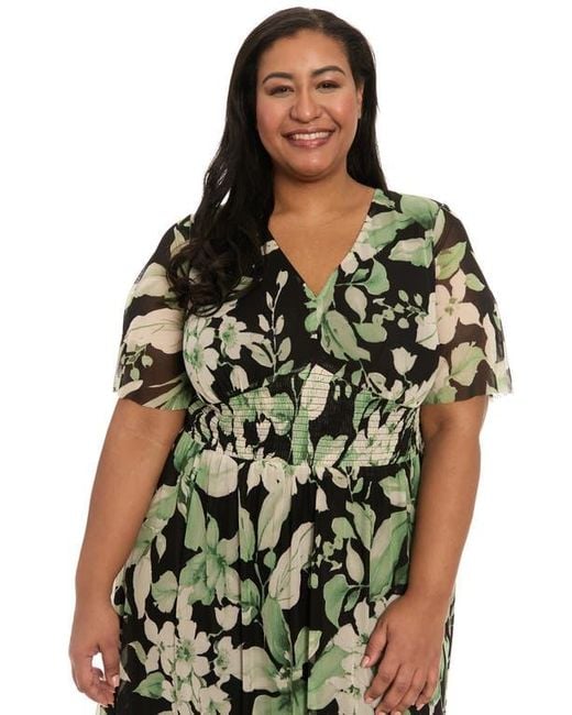London Times Green Mesh Flutter Sleeve Maxi Dress