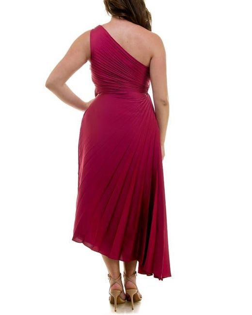 Nicole Miller Red One Shoulder Pleat Midi Dress