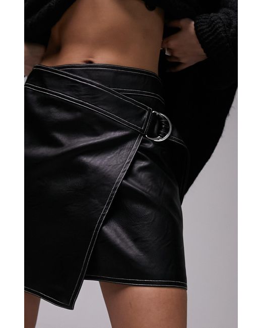 TOPSHOP Black Leather Look Belt Wrap Stitch Detail Mini Skirt