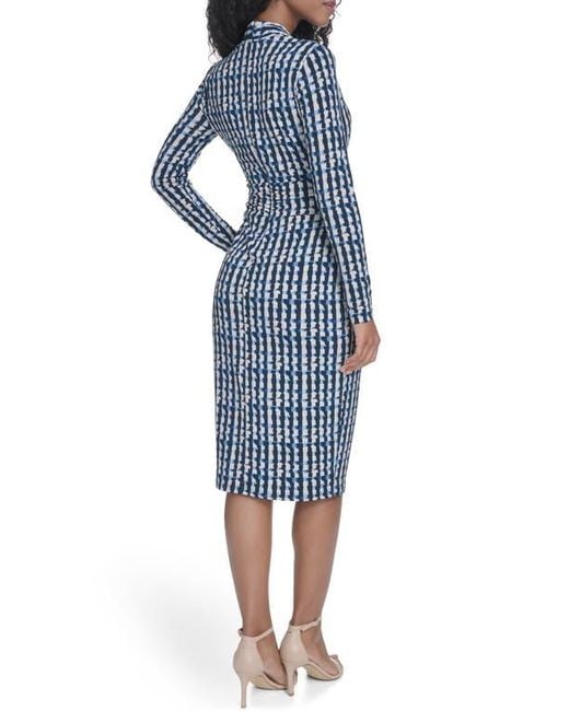 Calvin Klein Blue Long Sleeve Tie Waist Faux Wrap Dress