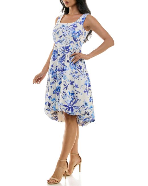 Nina Leonard Blue Sleeveless Floral High-low Dress