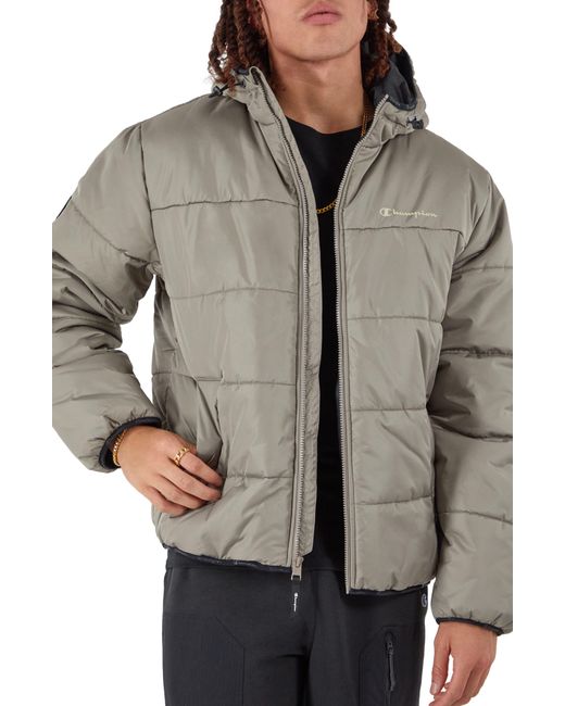 Champion Recycled Polyester Fill Hooded Puffer Jacket in Gray for Men