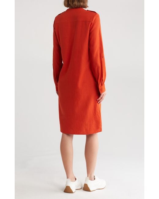 Calvin Klein Red Front Button Long Sleeve Linen Blend Dress