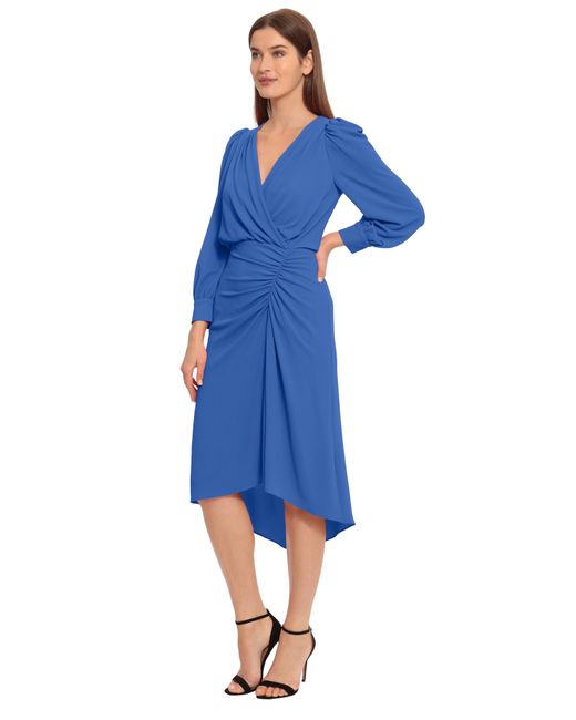 Maggy London Blue Ruched Long Sleeve High-low Midi Dress