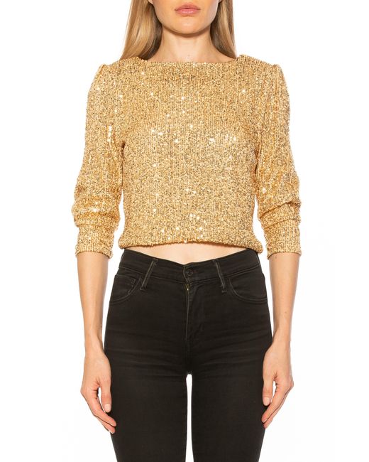Alexia Admor Blaire Sequin 3/4 Sleeve Crop Top In Gold At Nordstrom