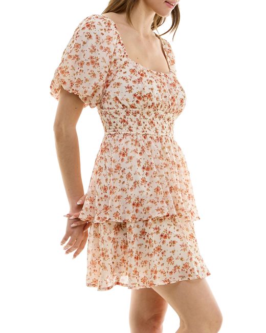 ROW A Natural Floral Smocked Waist Tiered Minidress