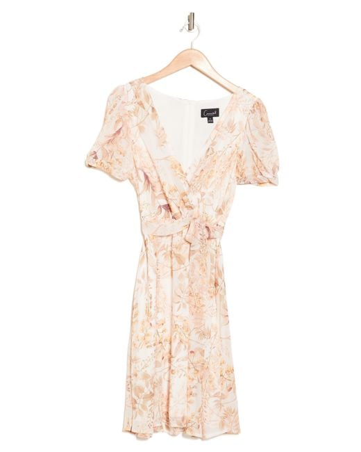 Connected Apparel Natural Floral Tie Waist Chiffon Dress