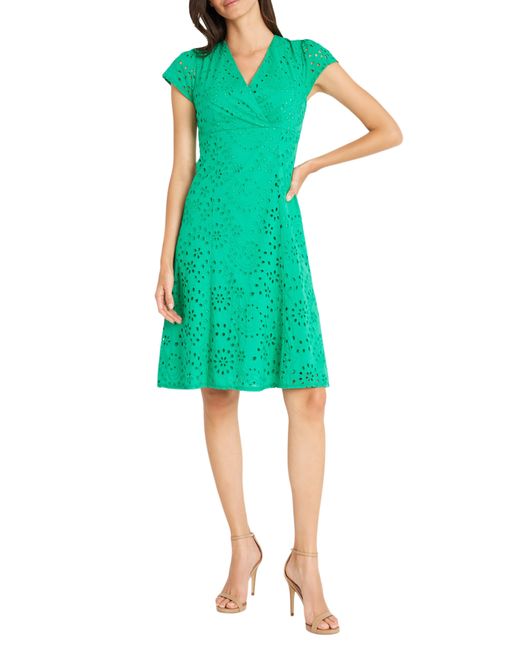 Maggy London Green Embroidered Eyelet Cap Sleeve Fit & Flare Dress