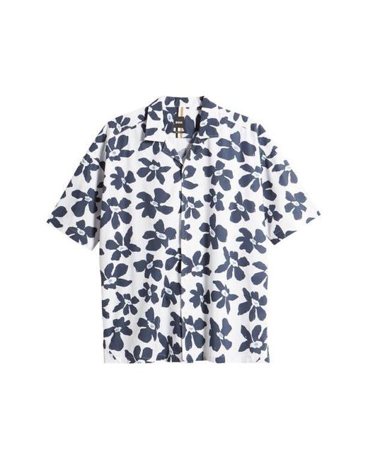 Boss Blue Drew Palm Print Stretch Camp Shirt for men
