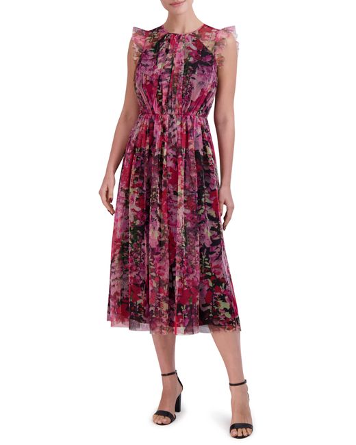 Laundry by Shelli Segal Red Floral Tulle Flutter Sleeve Midi Dress
