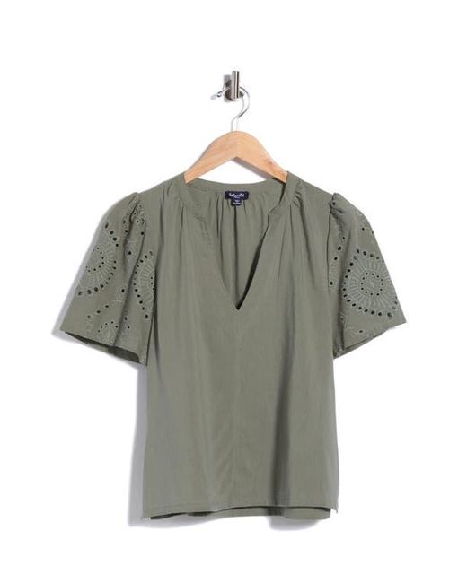 Splendid Green Eyelet Split Neck Top