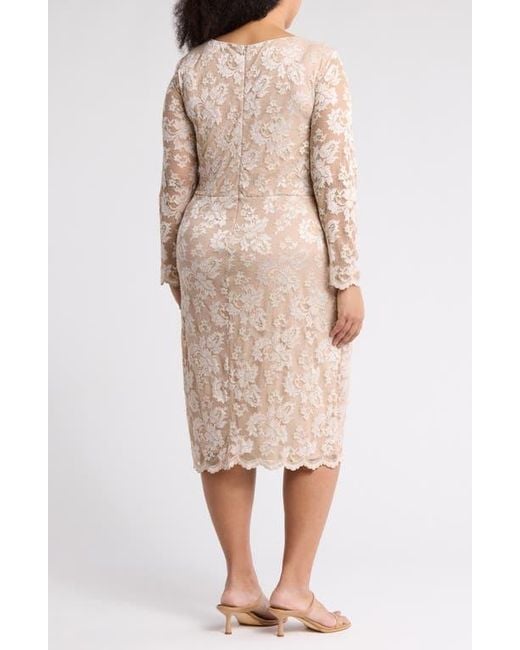 marina lace sheath dress Marina Round Neck Beaded Lace Long Sleeve Side Drape Sheath Dress