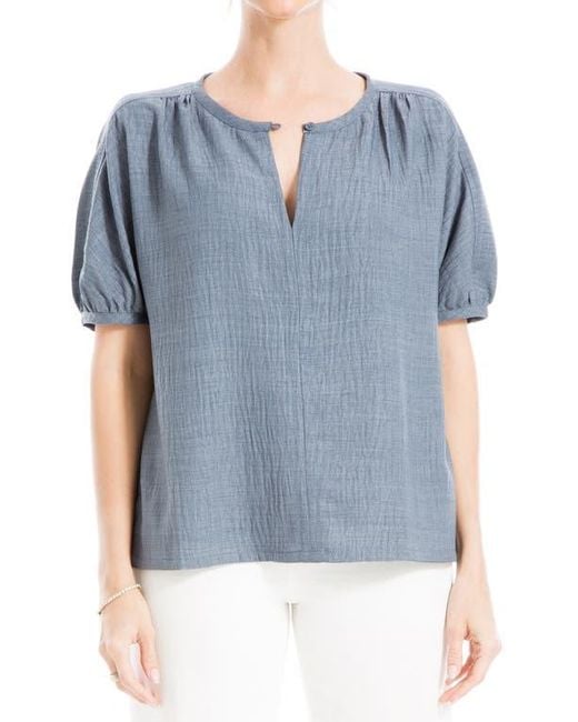 Max Studio Blue Short Sleeve Split Neck Blouse