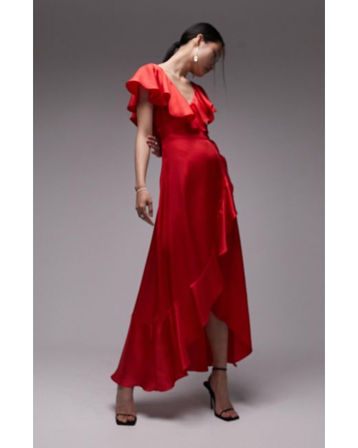 TOPSHOP Red Ruffle Wrap Midi Dress