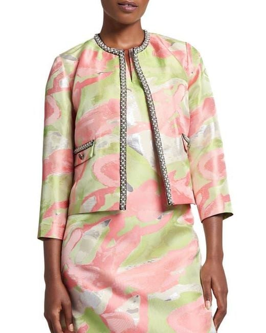 Ming Wang Pink Beaded Abstract Jacquard Jacket