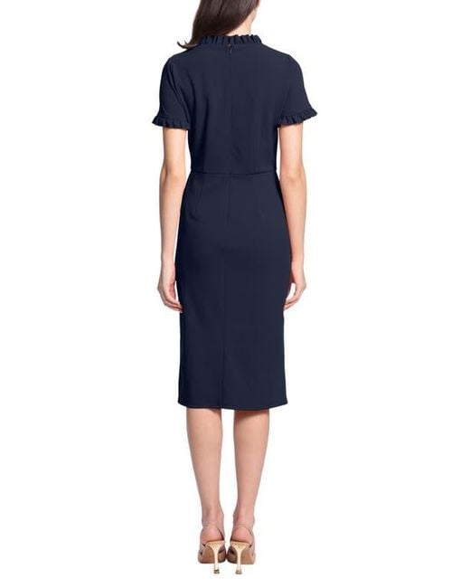 Maggy London Blue Ruffle Short Sleeve Pocket Sheath Dress