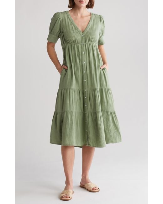 Madewell Green Lightspun Tiered Button Front Midi Dress
