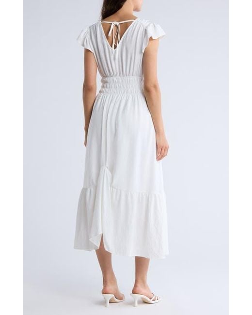 AUGUST SKY White Flutter Sleeve Midi Dress