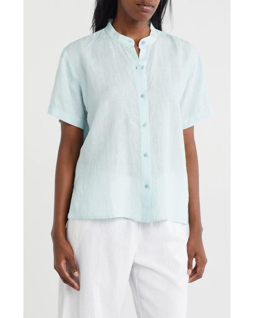 Eileen Fisher White Band Collar Short Sleeve Organic Linen Button-Up Shirt