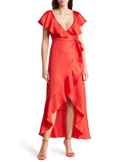 TOPSHOP Red Ruffle Wrap Midi Dress