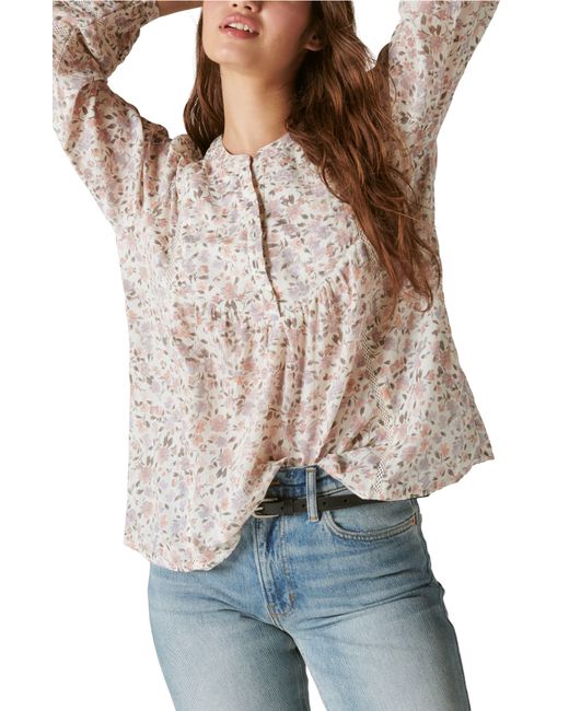 Lucky Brand Multicolor Lace Inset Long Sleeve Cotton Top