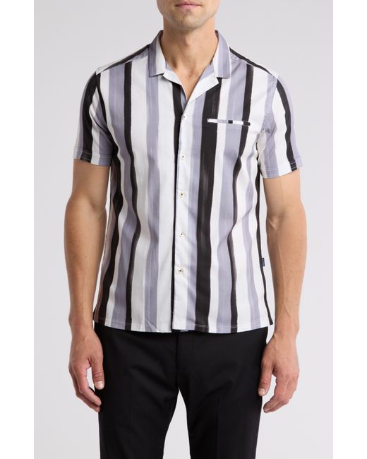 Stone Rose White Stripe Short Sleeve Button-up Camp Shirt for men
