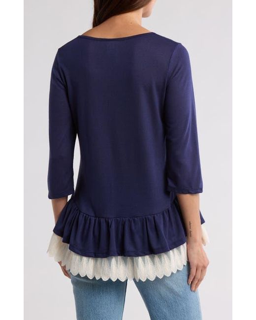 Forgotten Grace Blue Lace Trim Long Sleeve Peplum Top