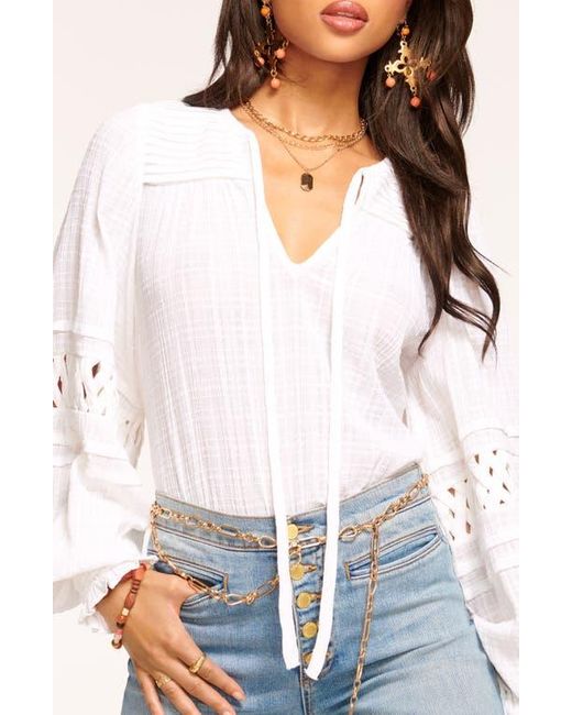 Ramy Brook White Mika Tie Neck Lattice Inset Blouse