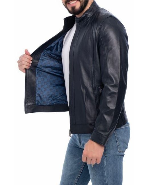 VELLAPAIS Blue Smooth Leather Jacket for men