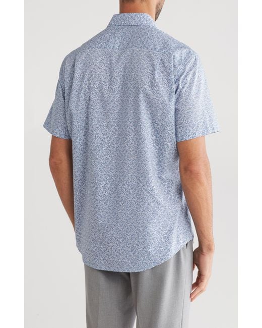 David Donahue Blue Print Cotton Short Sleeve Button-up Shirt for men