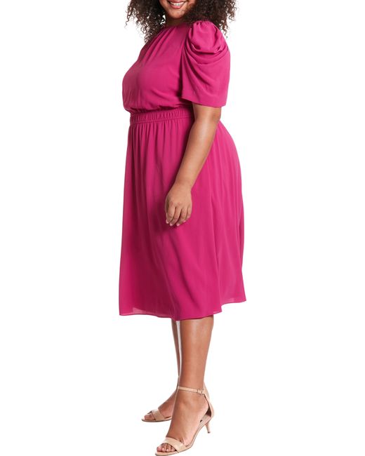 London Times Pink Shirred Crewneck Midi Dress