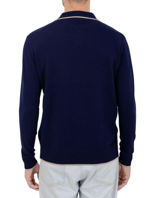 PINOPORTE Blue Johnny Collar Long Sleeve Wool Polo for men