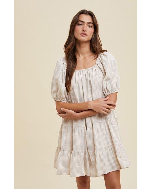 Wishlist Natural Plaid Puff Sleeve Cotton Blend Tiered Minidress