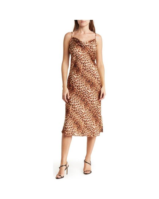 Bebe Brown Printed Satin Midi Dress