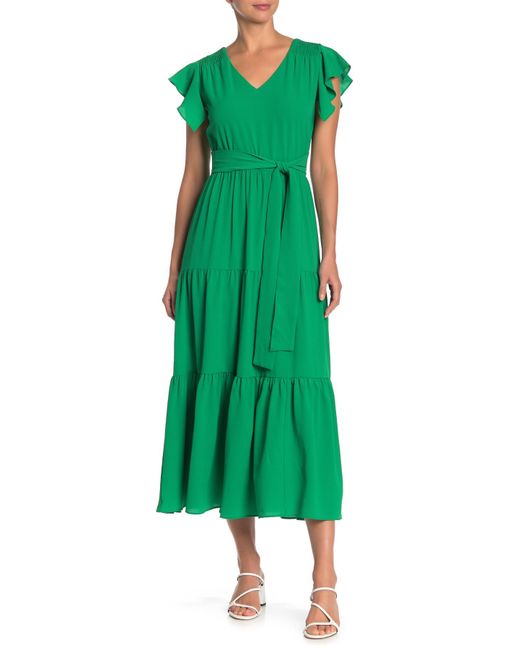 Eci Green Flutter Sleeve Tiered Maxi Dress