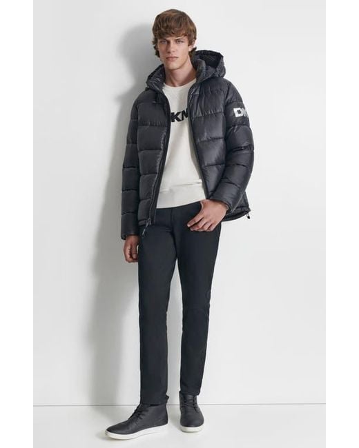 DKNY Black Hooded Nylon Puffer Jacket for men