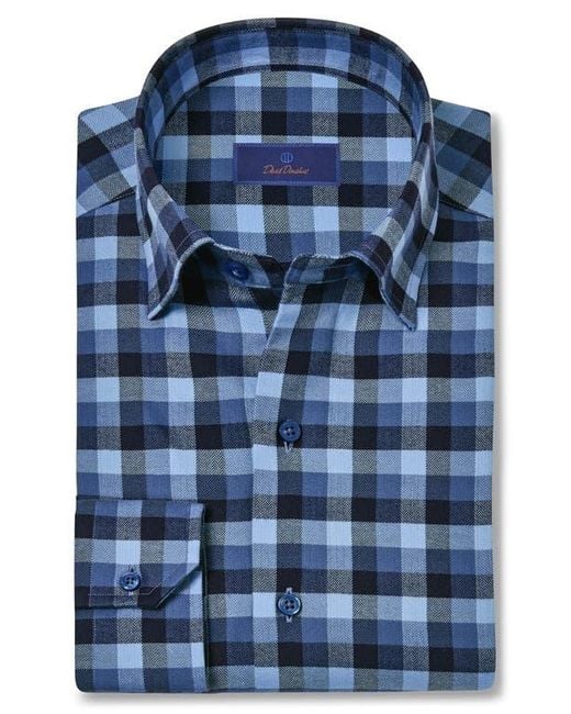 David Donahue Blue Herringbone Check Sport Shirt for men