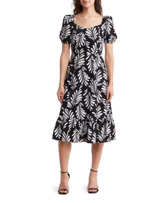 Ellen Tracy Black Puff Sleeve Linen Blend Midi Dress