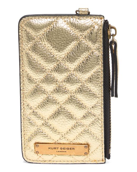 Kurt Geiger Leather Quilted Card Holder With Lanyard In Gold At