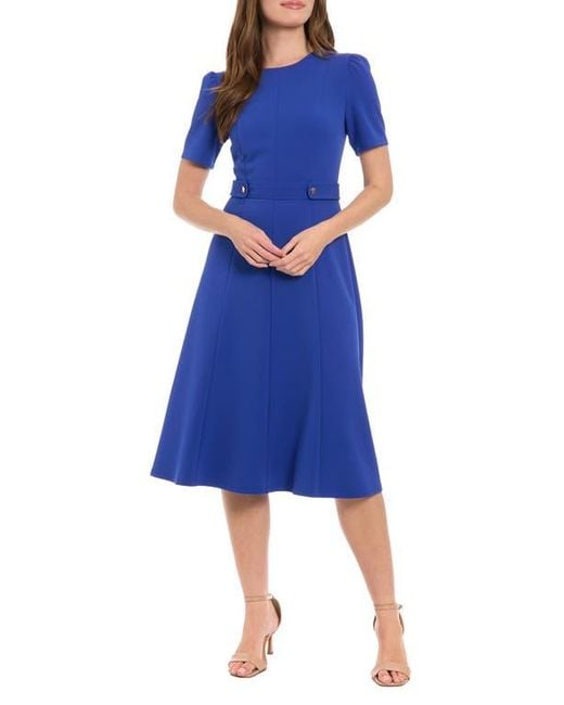 London Times Short Sleeve Fit & Flare Midi Dress in Blue | Lyst