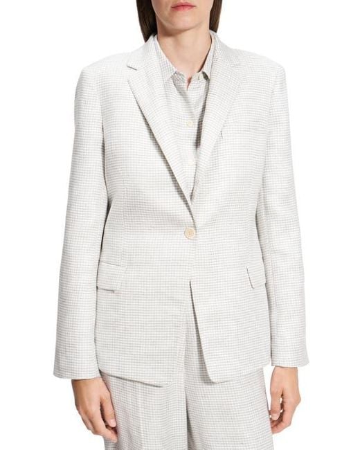 Theory White B.Mel Houndstooth Check Slim Fit Linen Blend Blazer